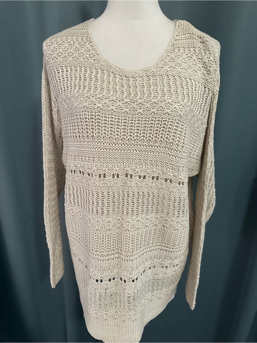 Magaschoni Women's L Cream Open Knit Crochet Sweater Tunic Boho NWT